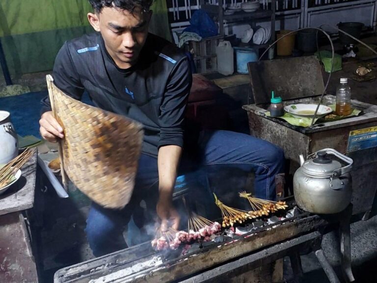 penjual sate lalat yang sedang membakar sate.